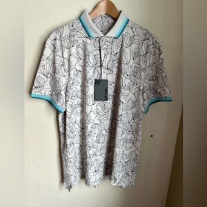 G/FORCE Floral Print Polo Shirt in beige with Teal Trim